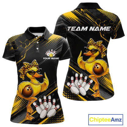 Black and yellow polo shirt with duck bowling design and customizable text on a white background.