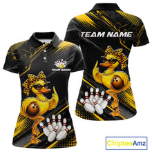 Load image into Gallery viewer, Black and yellow polo shirt with duck bowling design and customizable text on a white background.