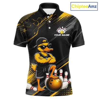 Black and yellow polo shirt with a duck bowling design and 'ChipteeAmz' branding.