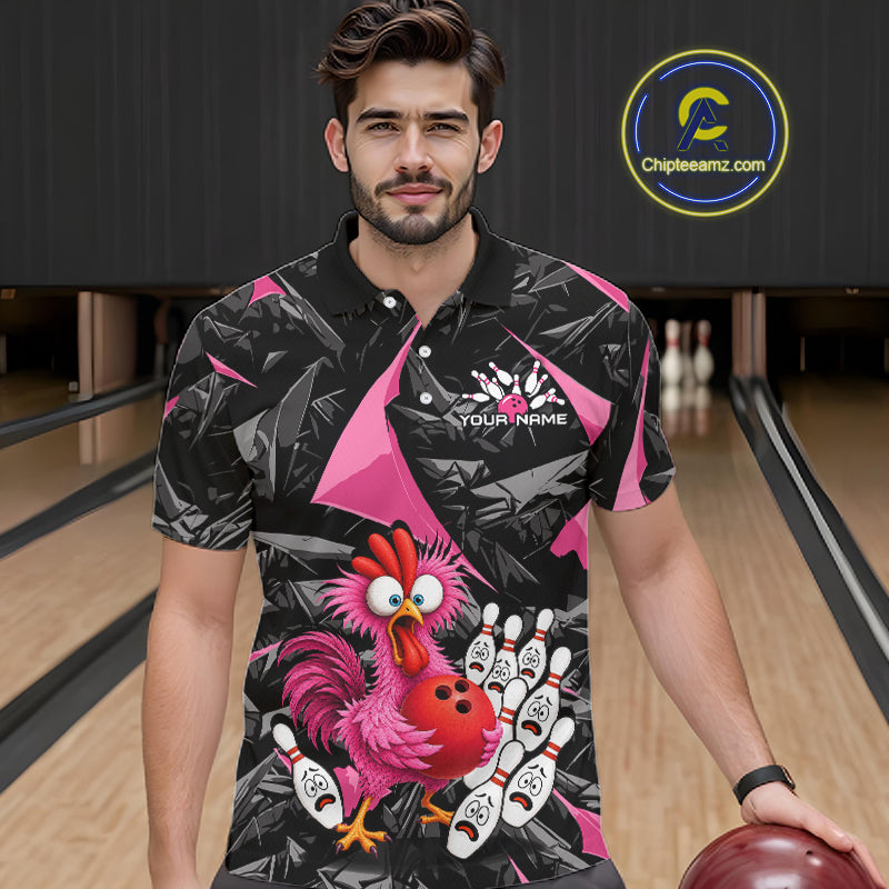 Custom Pink Funny Chicken Bowling Jersey for Men, Breast Cancer Bowling Team Shirts HNT553