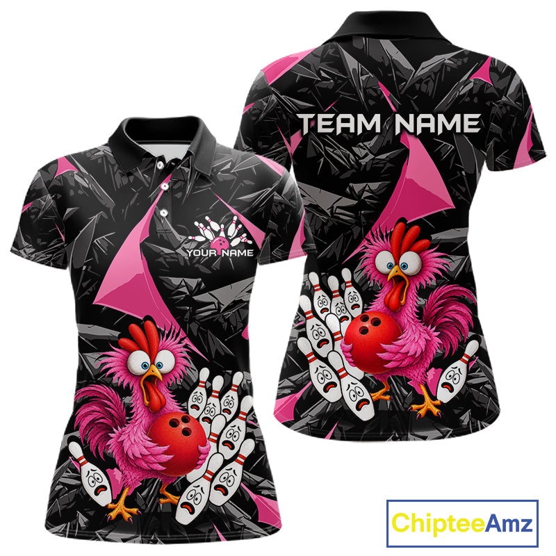 Custom Pink Funny Chicken Bowling Jersey for Women, Breast Cancer Bowling Team Shirts HNT553