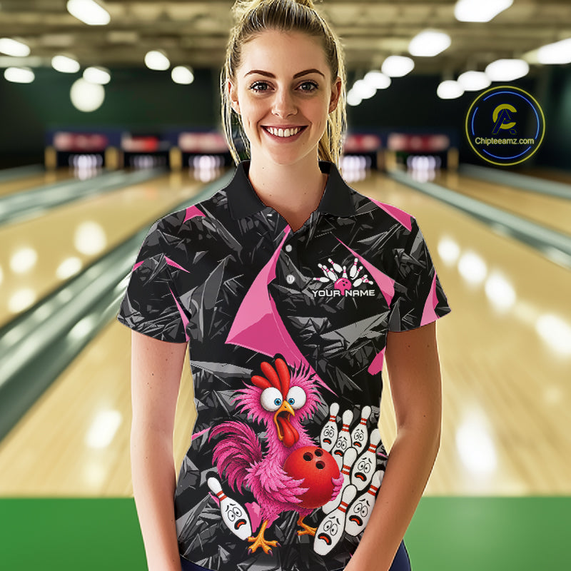 Custom Pink Funny Chicken Bowling Jersey for Women, Breast Cancer Bowling Team Shirts HNT553