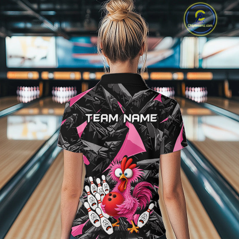 Custom Pink Funny Chicken Bowling Jersey for Women, Breast Cancer Bowling Team Shirts HNT553