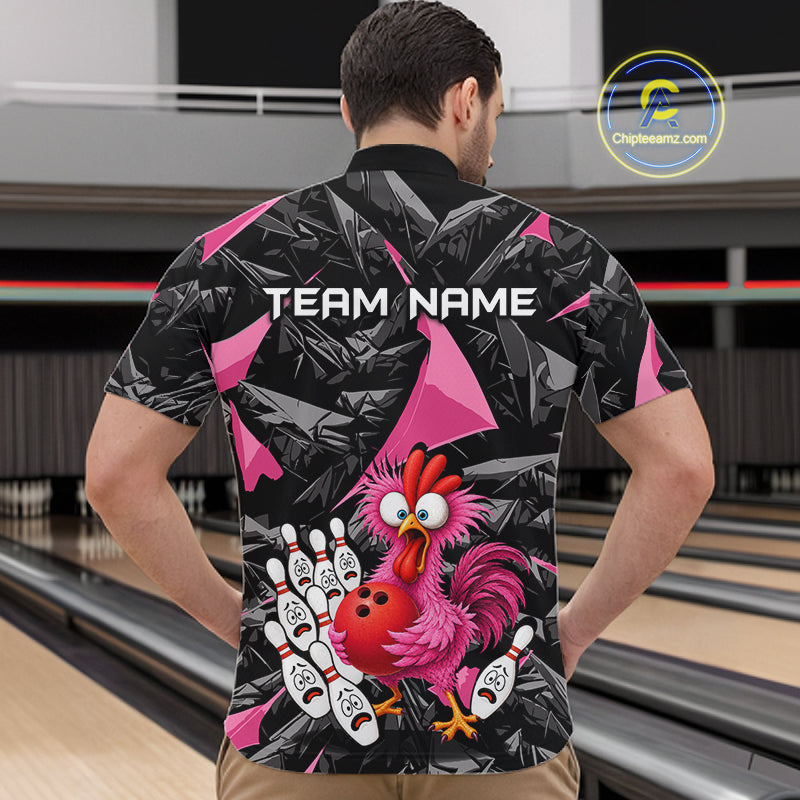 Custom Pink Funny Chicken Bowling Jersey for Men, Breast Cancer Bowling Team Shirts HNT553