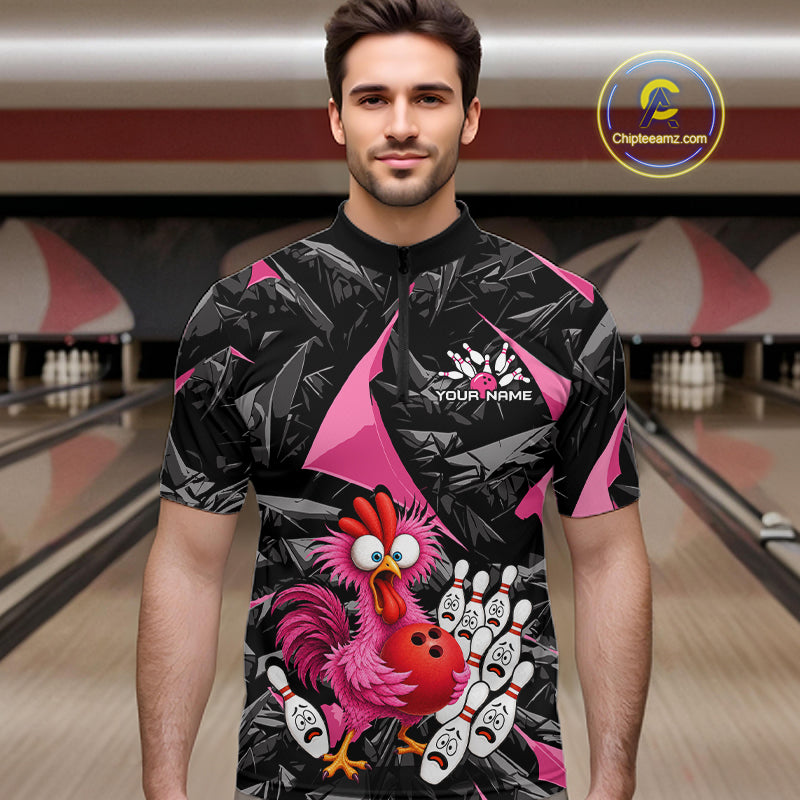 Custom Pink Funny Chicken Bowling Jersey for Men, Breast Cancer Bowling Team Shirts HNT553