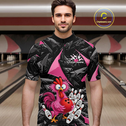 Custom Pink Funny Chicken Bowling Jersey for Men, Breast Cancer Bowling Team Shirts HNT553