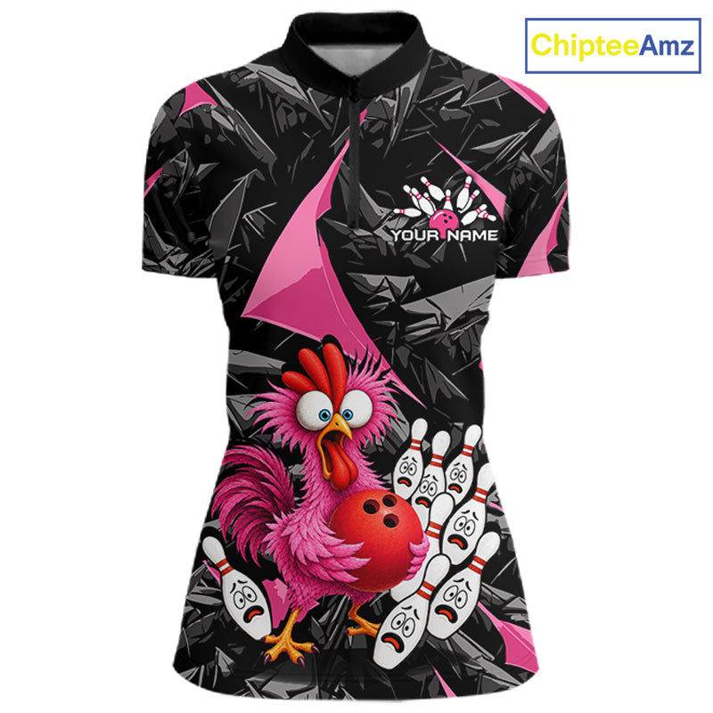 Custom Pink Funny Chicken Bowling Jersey for Women, Breast Cancer Bowling Team Shirts HNT553