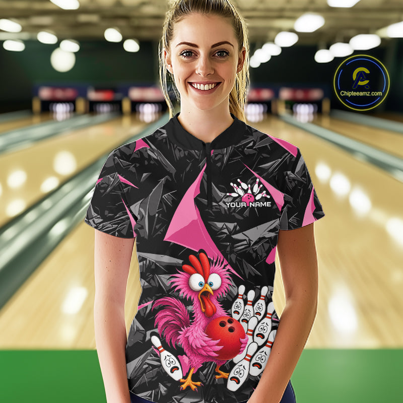 Custom Pink Funny Chicken Bowling Jersey for Women, Breast Cancer Bowling Team Shirts HNT553