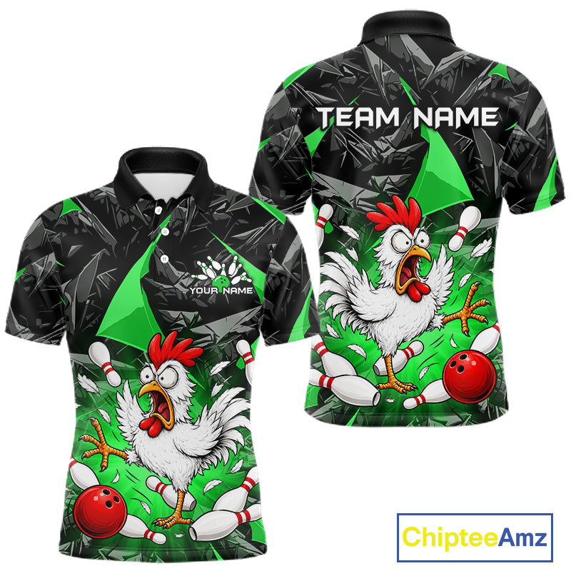 Green Funny Chicken Custom Mens Bowling Team Shirts Bowling League Polo & 1/4 Zip HNT554