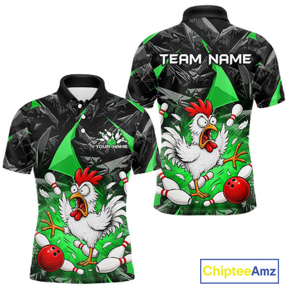 Green Funny Chicken Custom Mens Bowling Team Shirts Bowling League Polo & 1/4 Zip HNT554
