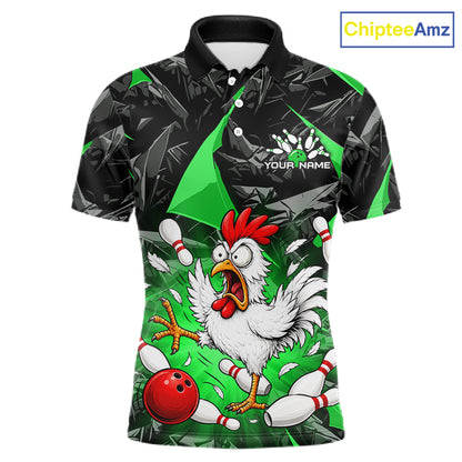 Green Funny Chicken Custom Mens Bowling Team Shirts Bowling League Polo & 1/4 Zip HNT554