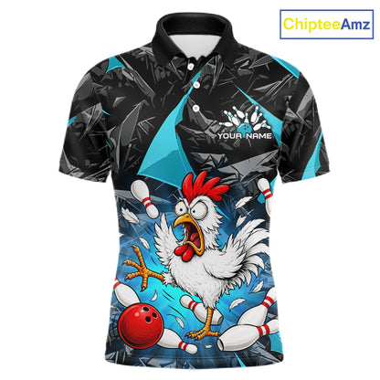 Turquoise Funny Chicken Custom Mens Bowling Team Shirts Bowling League Polo & 1/4 Zip HNT554