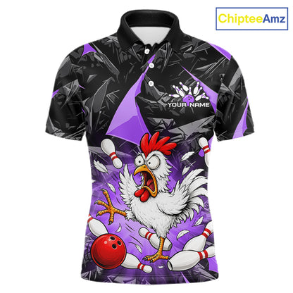 Purple Funny Chicken Custom Mens Bowling Team Shirts Bowling League Polo & 1/4 Zip HNT554