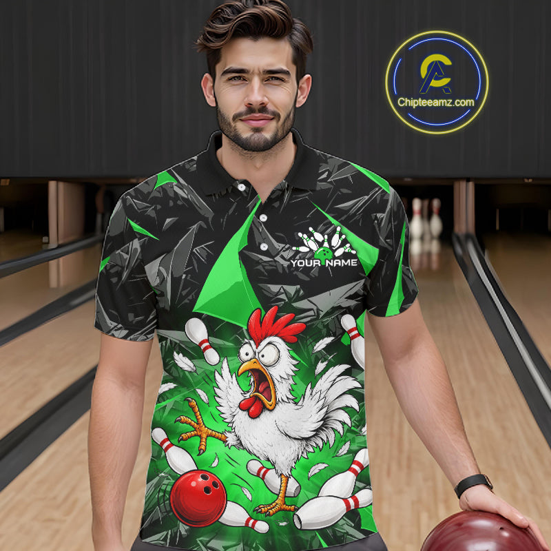 Green Funny Chicken Custom Mens Bowling Team Shirts Bowling League Polo & 1/4 Zip HNT554