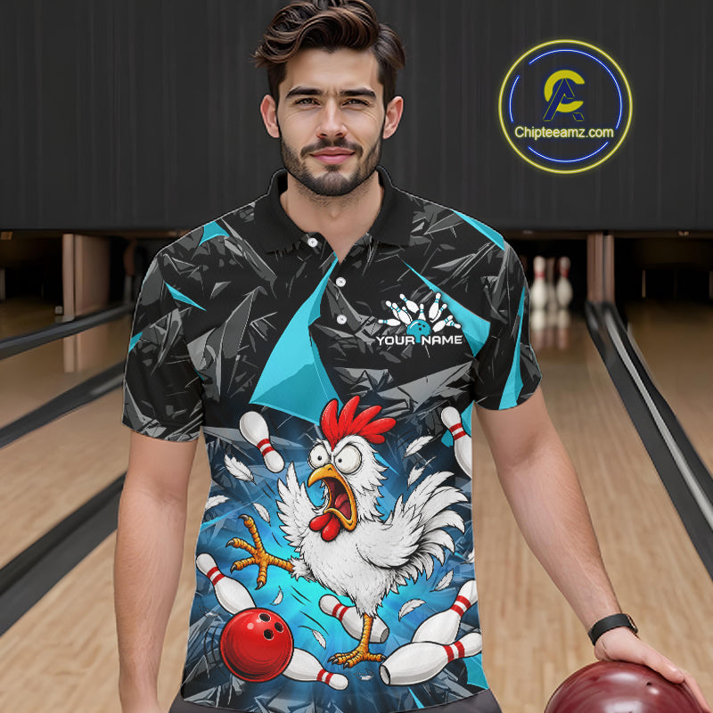 Turquoise Funny Chicken Custom Mens Bowling Team Shirts Bowling League Polo & 1/4 Zip HNT554