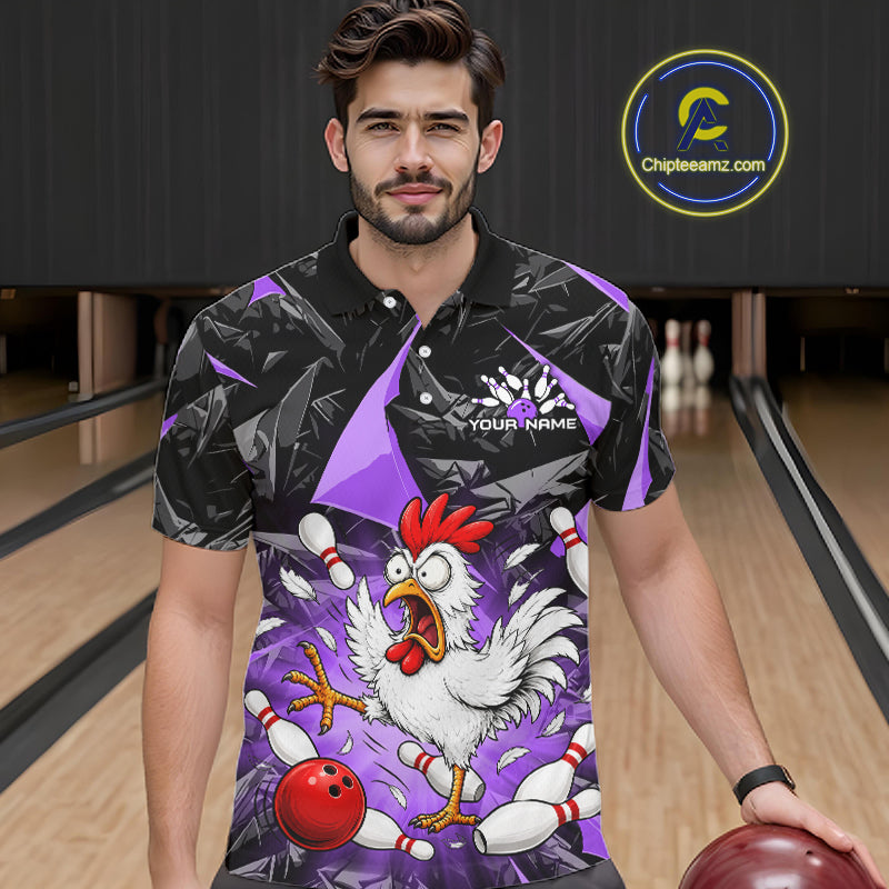 Purple Funny Chicken Custom Mens Bowling Team Shirts Bowling League Polo & 1/4 Zip HNT554