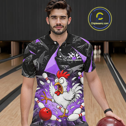 Purple Funny Chicken Custom Mens Bowling Team Shirts Bowling League Polo & 1/4 Zip HNT554