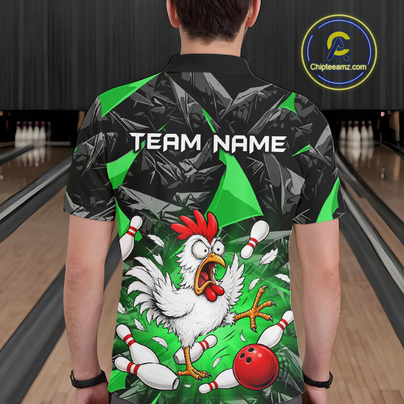 Green Funny Chicken Custom Mens Bowling Team Shirts Bowling League Polo & 1/4 Zip HNT554