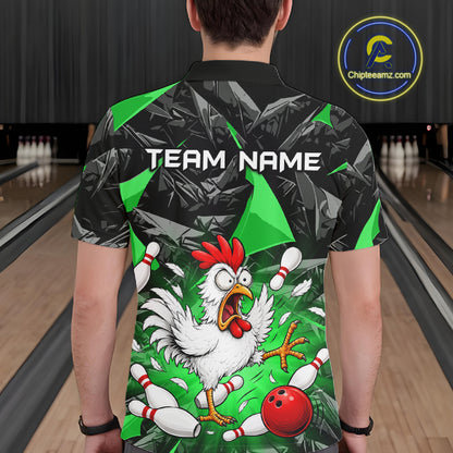 Green Funny Chicken Custom Mens Bowling Team Shirts Bowling League Polo & 1/4 Zip HNT554