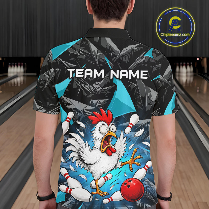 Turquoise Funny Chicken Custom Mens Bowling Team Shirts Bowling League Polo & 1/4 Zip HNT554