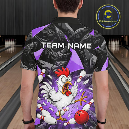 Purple Funny Chicken Custom Mens Bowling Team Shirts Bowling League Polo & 1/4 Zip HNT554