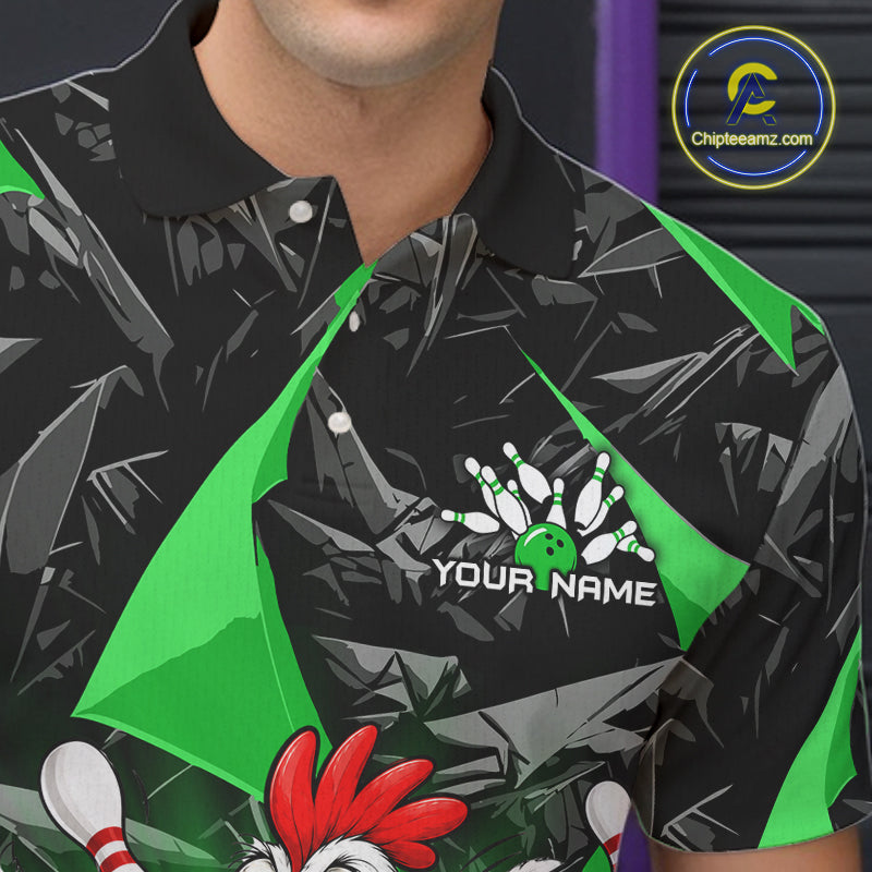 Green Funny Chicken Custom Mens Bowling Team Shirts Bowling League Polo & 1/4 Zip HNT554