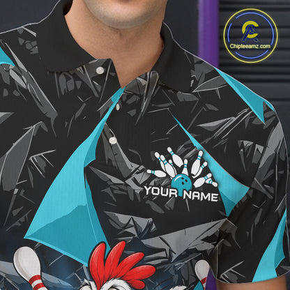 Turquoise Funny Chicken Custom Mens Bowling Team Shirts Bowling League Polo & 1/4 Zip HNT554