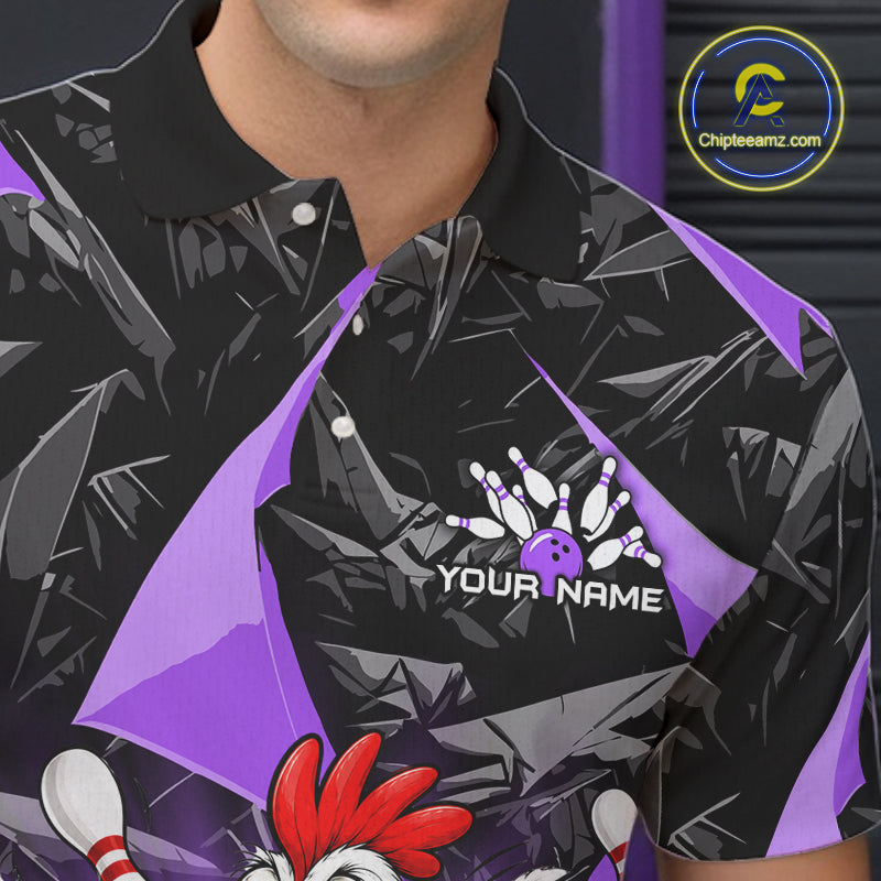 Purple Funny Chicken Custom Mens Bowling Team Shirts Bowling League Polo & 1/4 Zip HNT554