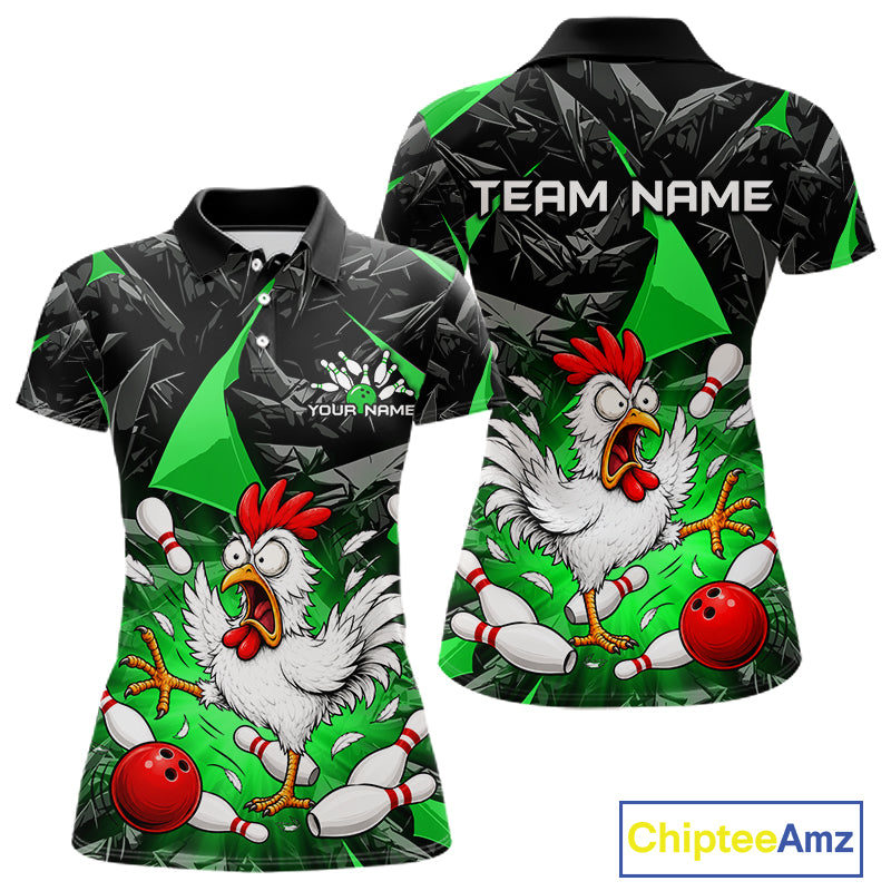 Green Funny Chicken Custom Womens Bowling Team Shirts Bowling League Polo & 1/4 Zip HNT554