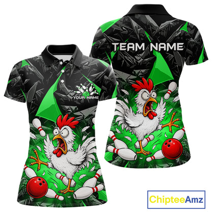 Green Funny Chicken Custom Womens Bowling Team Shirts Bowling League Polo & 1/4 Zip HNT554