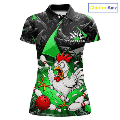 Green Funny Chicken Custom Womens Bowling Team Shirts Bowling League Polo & 1/4 Zip HNT554