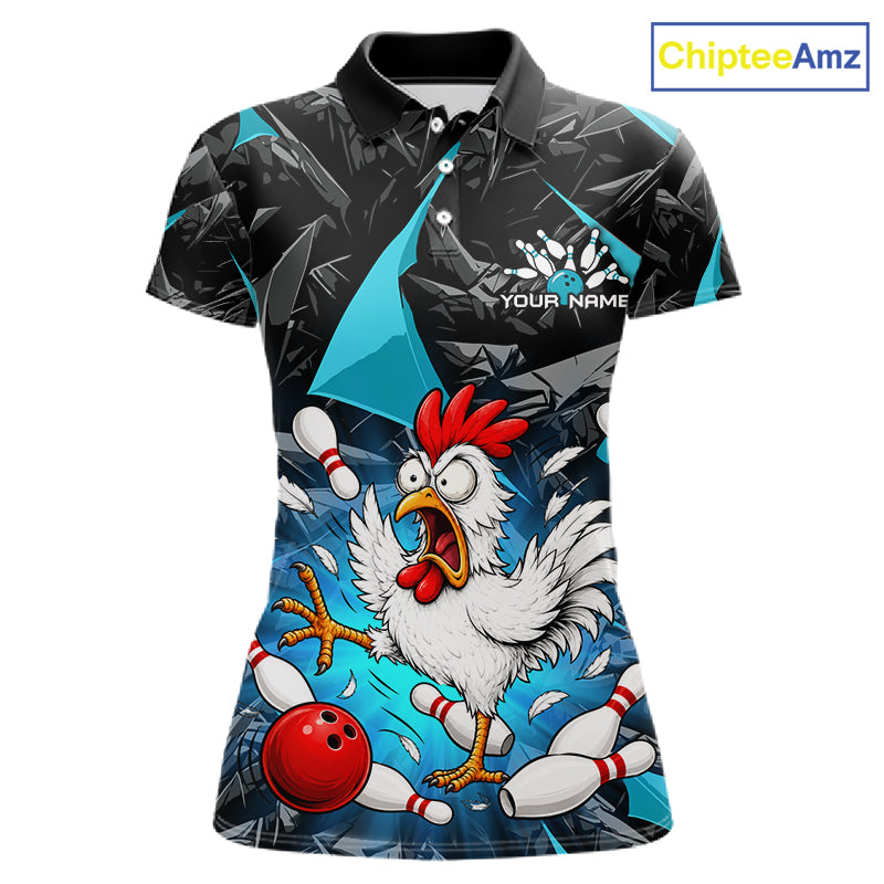 Turquoise Funny Chicken Custom Womens Bowling Team Shirts Bowling League Polo & 1/4 Zip HNT554