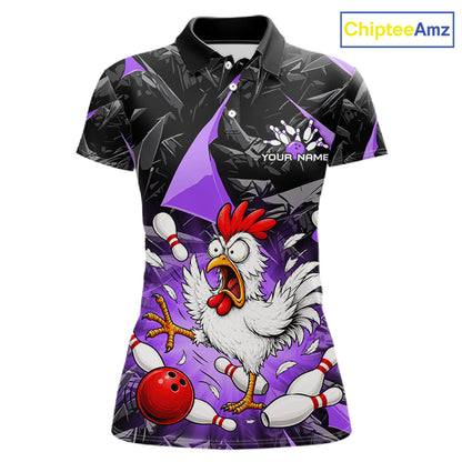 Purple Funny Chicken Custom Womens Bowling Team Shirts Bowling League Polo & 1/4 Zip HNT554