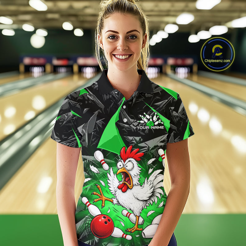Green Funny Chicken Custom Womens Bowling Team Shirts Bowling League Polo & 1/4 Zip HNT554