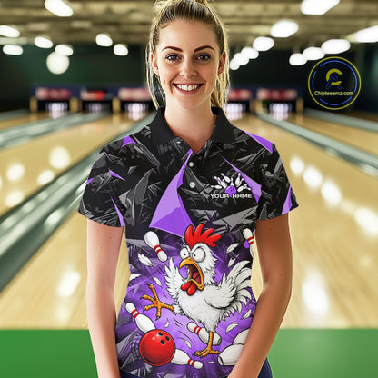 Purple Funny Chicken Custom Womens Bowling Team Shirts Bowling League Polo & 1/4 Zip HNT554