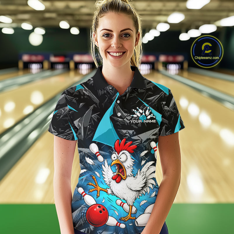 Turquoise Funny Chicken Custom Womens Bowling Team Shirts Bowling League Polo & 1/4 Zip HNT554