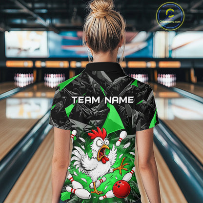 Green Funny Chicken Custom Womens Bowling Team Shirts Bowling League Polo & 1/4 Zip HNT554