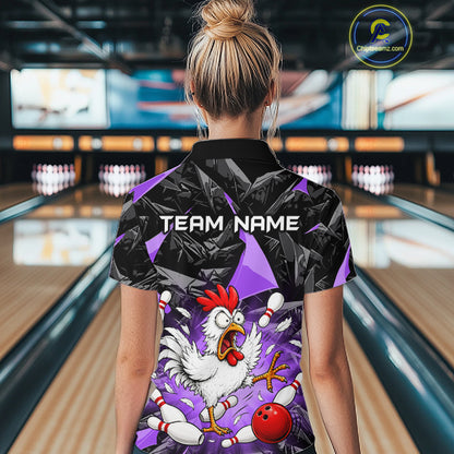 Purple Funny Chicken Custom Womens Bowling Team Shirts Bowling League Polo & 1/4 Zip HNT554