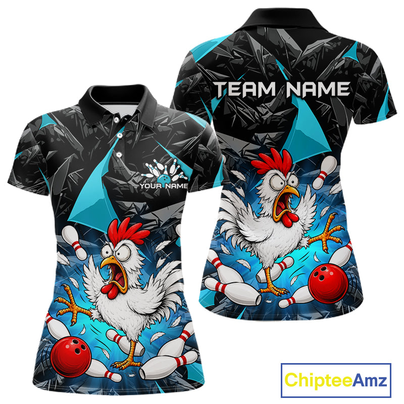 Turquoise Funny Chicken Custom Womens Bowling Team Shirts Bowling League Polo & 1/4 Zip HNT554