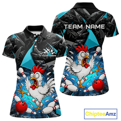 Turquoise Funny Chicken Custom Womens Bowling Team Shirts Bowling League Polo & 1/4 Zip HNT554