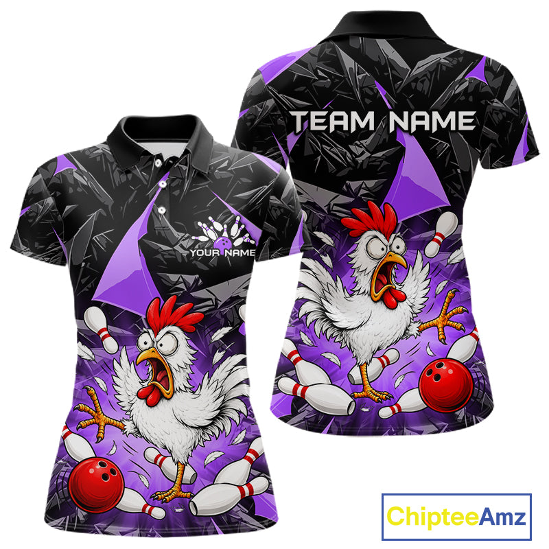 Purple Funny Chicken Custom Womens Bowling Team Shirts Bowling League Polo & 1/4 Zip HNT554