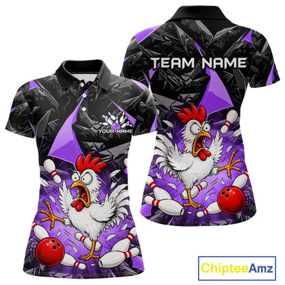 Purple Funny Chicken Custom Womens Bowling Team Shirts Bowling League Polo & 1/4 Zip HNT554