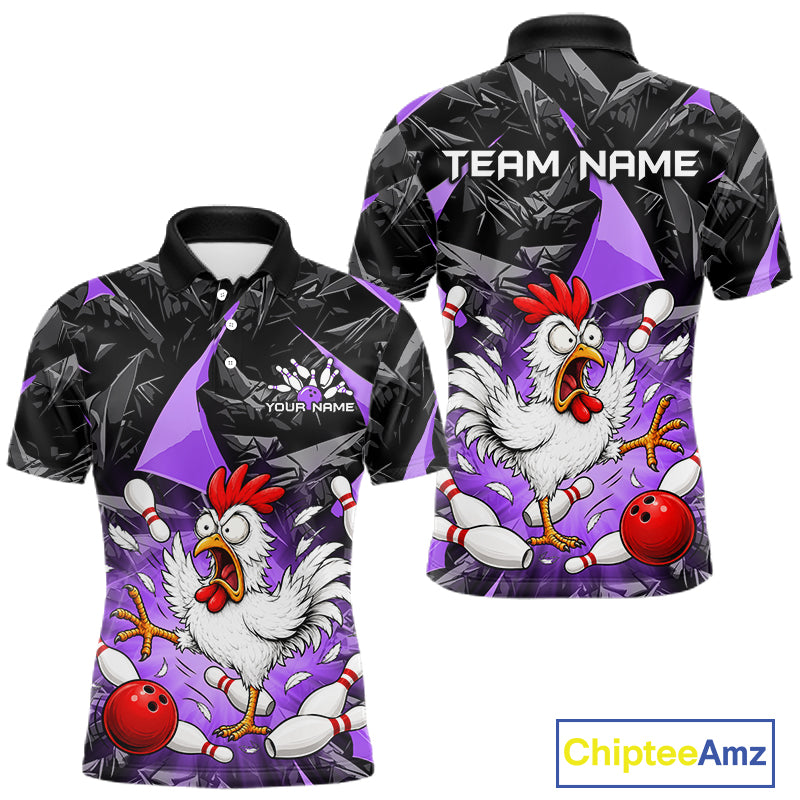 Purple Funny Chicken Custom Mens Bowling Team Shirts Bowling League Polo & 1/4 Zip HNT554