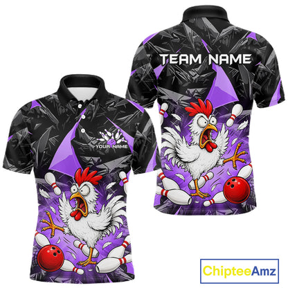 Purple Funny Chicken Custom Mens Bowling Team Shirts Bowling League Polo & 1/4 Zip HNT554