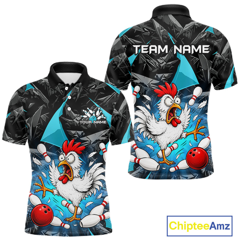 Turquoise Funny Chicken Custom Mens Bowling Team Shirts Bowling League Polo & 1/4 Zip HNT554