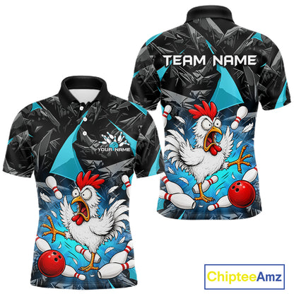 Turquoise Funny Chicken Custom Mens Bowling Team Shirts Bowling League Polo & 1/4 Zip HNT554