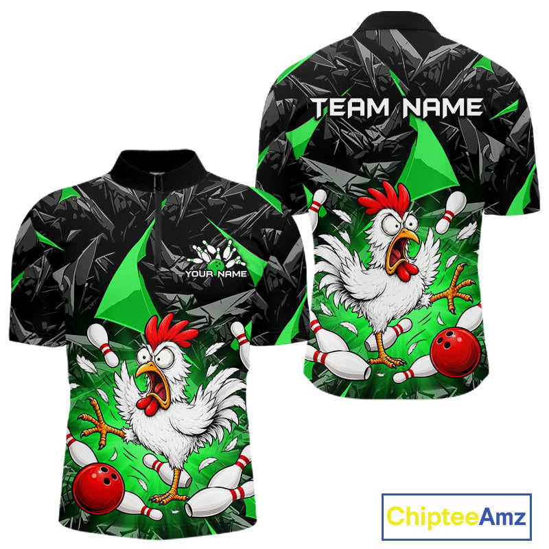 Green Funny Chicken Custom Mens Bowling Team Shirts Bowling League Polo & 1/4 Zip HNT554