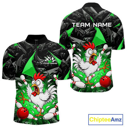 Green Funny Chicken Custom Mens Bowling Team Shirts Bowling League Polo & 1/4 Zip HNT554