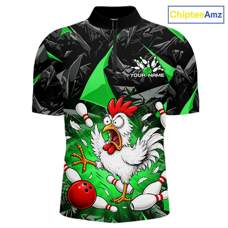 Green Funny Chicken Custom Mens Bowling Team Shirts Bowling League Polo & 1/4 Zip HNT554