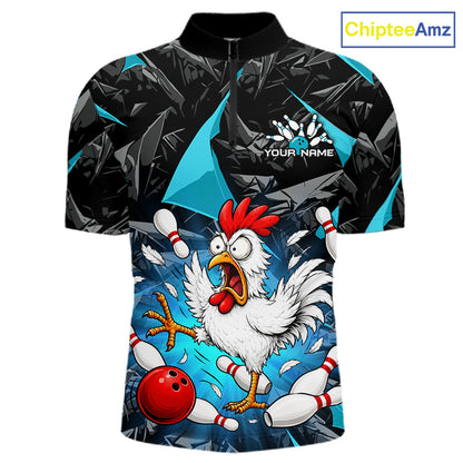Turquoise Funny Chicken Custom Mens Bowling Team Shirts Bowling League Polo & 1/4 Zip HNT554